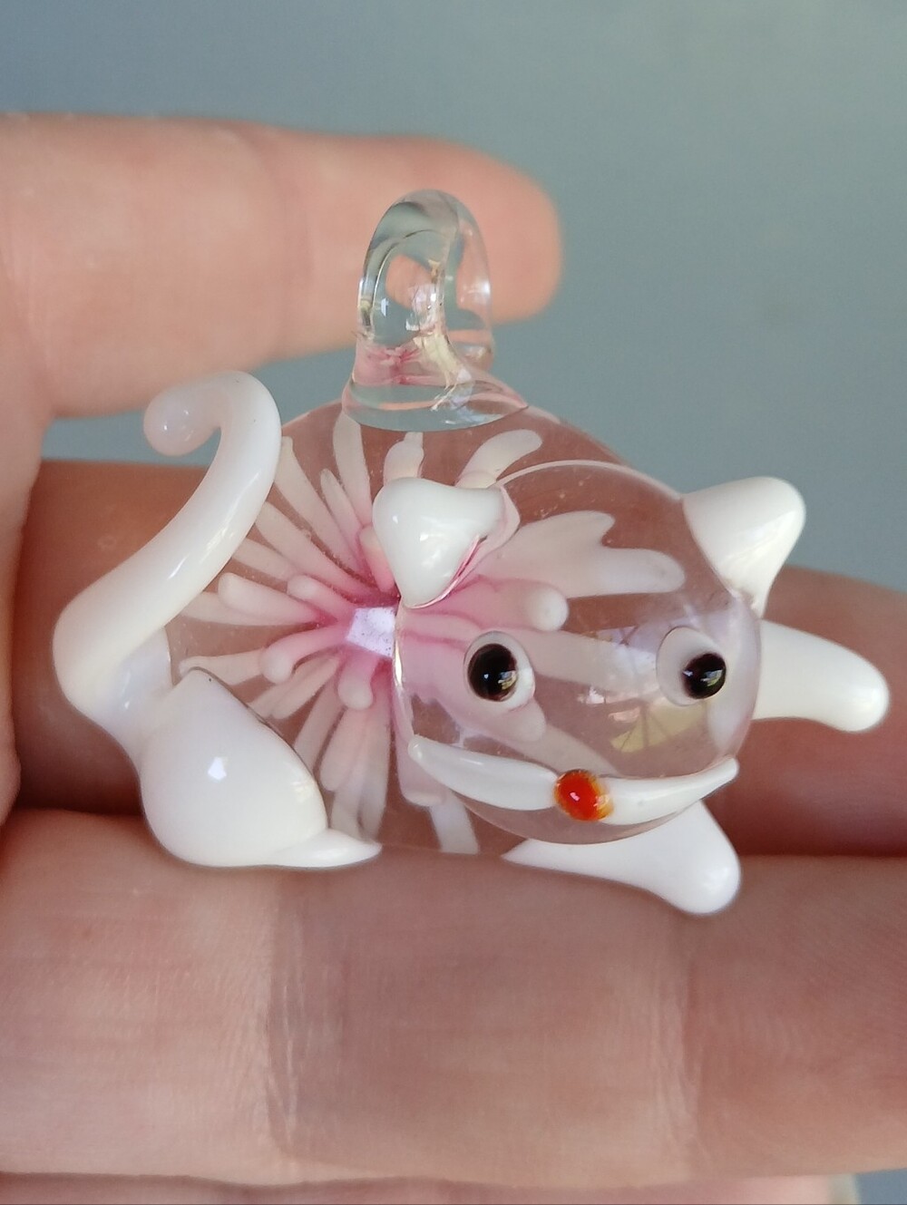 New Glass Blown Inlaid Lampwork Glass Cat Pendant.